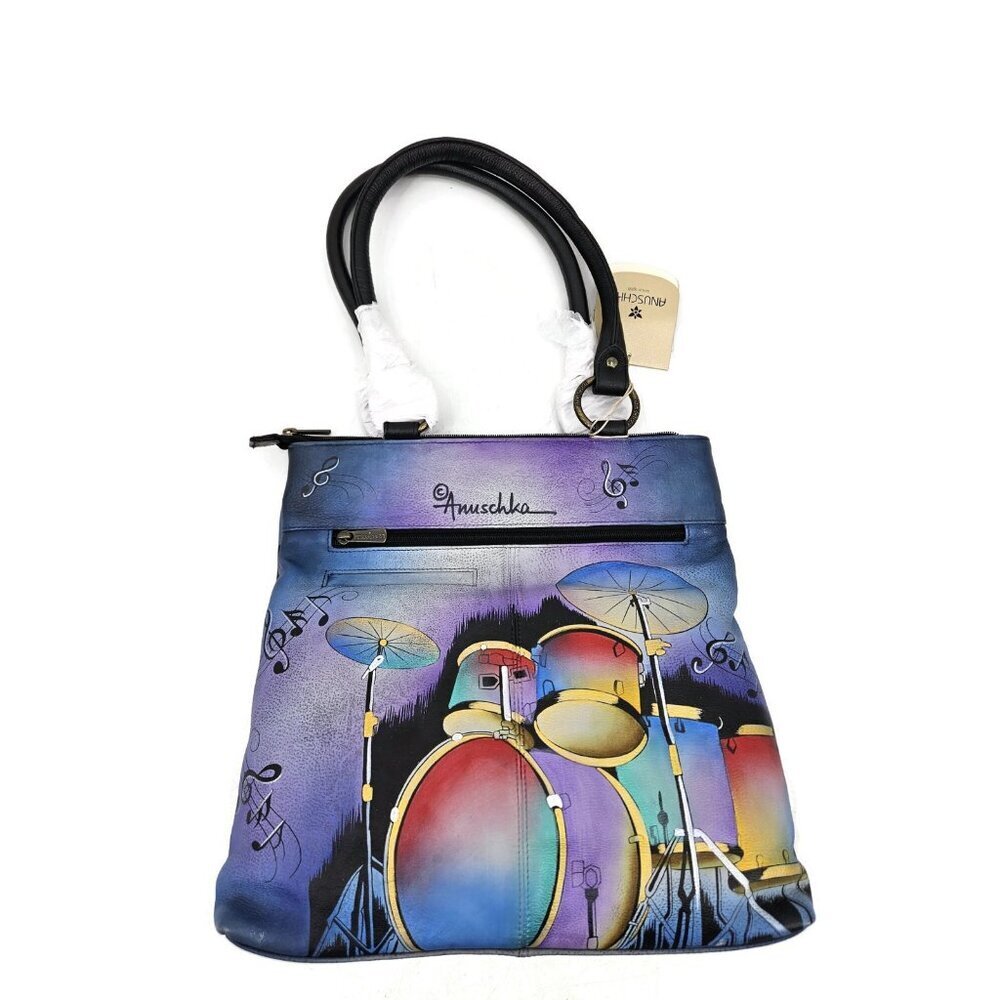 New Anuschka Jazz Trio Large Leather Shopper Tote Handpainted Purse Shoulder Bag - Picture 3 of 6